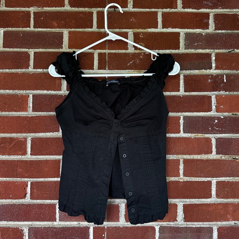 Brandy Melville Black Ruffle Button Front Crop Top Blouse Cottagecore Coquette